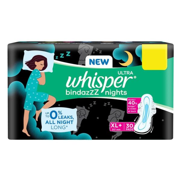 WHISPER BINDAZZZ NIGHTS SANITARY PADS(30 XL+ PADS)